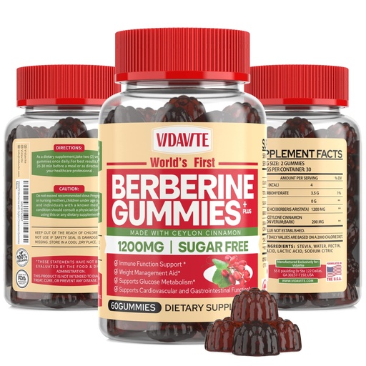 [BRSRMGQROB5BSG3X] VIDAVITE Berberine with Ceylon Cinnamon Gummies — Sugar-free, 98% Pure & 10x Absorption — 1200mg HCL Organic Berberine Supplement for Weight Management, Immunity, Metabolic & Digestive Health(30 Days)