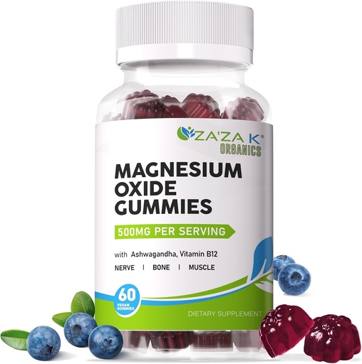 [BRSRAFLRCN5QOEIV] ZA'ZA K ORGANICS Magnesium Oxide Gummies, Magnesium Oxide 500mg with Ashwagandha & Vitamin B12 for Sleep, Nerve, Muscle, Bone & Heart Health, Magnesium Chewable Supplement for Adults Kids, Vegan, 60