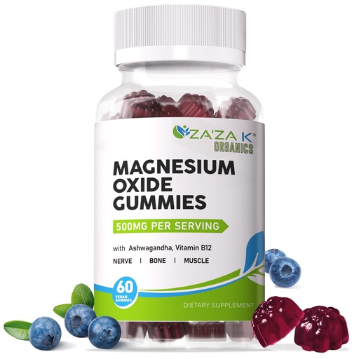 [BRSRAFLRCN5QOEIV] ZA'ZA K ORGANICS Magnesium Oxide Gummies, Magnesium Oxide 500mg with Ashwagandha & Vitamin B12 for Sleep, Nerve, Muscle, Bone & Heart Health, Magnesium Chewable Supplement for Adults Kids, Vegan, 60