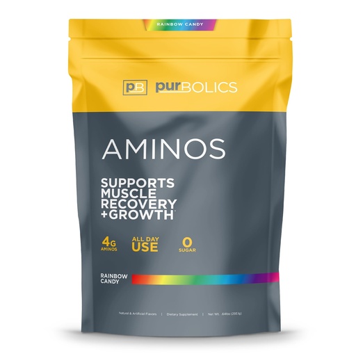 [BRSWGYYRPN7BOD34] Purbolics Aminos | 4g of Free-Form Amino Acids, Beta-Alanine, 0 Calories & 60 Servings (Rainbow Candy)
