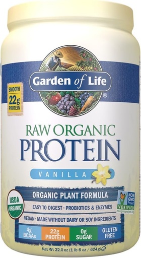 [BRSWIBI2OEMB6YAV] Garden of Life Raw Organic Protein Vanilla Powder, 20 servizos - Certified Vegan, Gluten Free, Organic, Non-GMO, proteína libre de azucre baseada en plantas Axitar con probióticos e encimas, 4g BCAAs, 22g Proteínas
