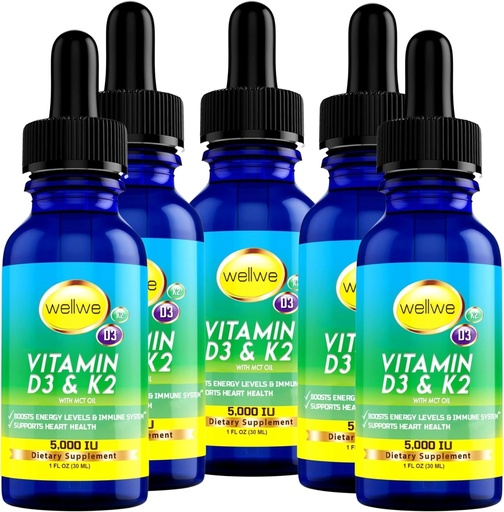 [BRSWYFIKCQHRUDI4] Vitamina Líquida D3 K2 gotas 5000 UI - Vegan, No Taste, No Odor, Libre de soja, Libre de gluten, No GMO, 1000 UI por gota, Boost Energy Levels & Immune System, Supports Heart Health (5 Pack)