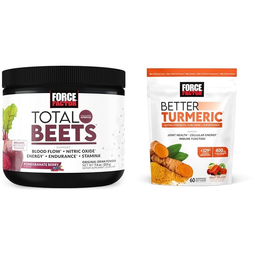 [BRSRAYYYBF6Q4HLV] Force Factor Total Beets Nitric Oxide Powder for Circulation and Joint Support Chews with Turmeric Curcumin for Extra Strength