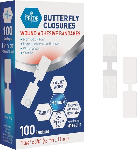 [BRSW2AQHC4IQME3P] MED PRIDE Butterfly Wound Closure Strips Pack of 100 Sterile Nonstick Hypoallergenic Latex Free Bandages for Cuts and Injuries (Medium)