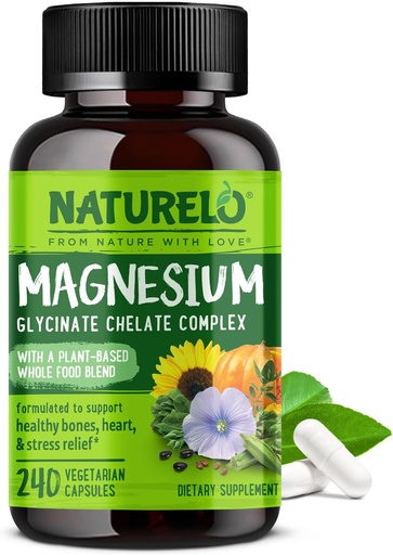 [BRSW2ALRBYNRE2TB] NATURELO Magnesio Glycinate Complexo de Chelato - 200 mg de magnesio con vexetais orgánicos para apoiar o sono, o calmo, o cangrexo muscular e o alivio do estrés - Gluten Free, Non GMO - 240 cápsulas