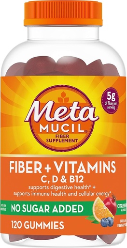 [BRSROEITCAFAO2TJ] Metamucil Fiber Gummies for Adults with Vitamins C, D, B12 for Metabolism, No Sugar Added Citrus Berry Flavor, 5g Plant Based Prebiotic Fiber Supplement Blend, 120 Count