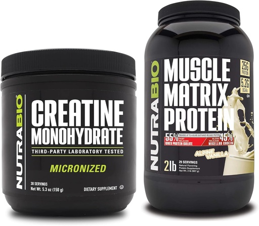 [BRSROCDRPMNAIFL7] NutraBio Creatine Monohydrate, Unflavored, (150 g) and Muscle Matrix Protein Powder, (Vanilla) Supplement Bundle – Muscle Energy, Maximum Growth, Recovery, and Strength