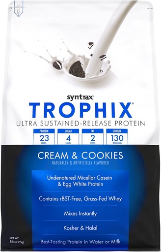 [BRSROEAHB4PAY2TH] Syntrax Nutrition Trophix, Ultra Sustained- Release Protein Powder Blend, Cream & Cookies, 5 lbs. Real Cookie stykker