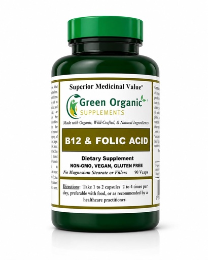 [BRSWGBAFDJ5G2ADF] Green Organic Supplements (Pack-1) Vitamin B12 & Folic Acid, 1000mcg, 90 VCaps, Hand Made, Vegan, Non-GMO, Supports Functioning of the Nervous System, and the Integrity of Skin, Hair & Liver