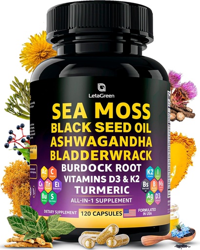 [BRSROEILCUHQYADF] Sea Moss Capsules – 17-in-1 Blend with Black Seed Oil Ashwagandha Bladderwrack Burdock Root Turmeric Vitamin D3 K2 C for Daily Wellness – Multimineral Supplement for Men & Women – 120 Count