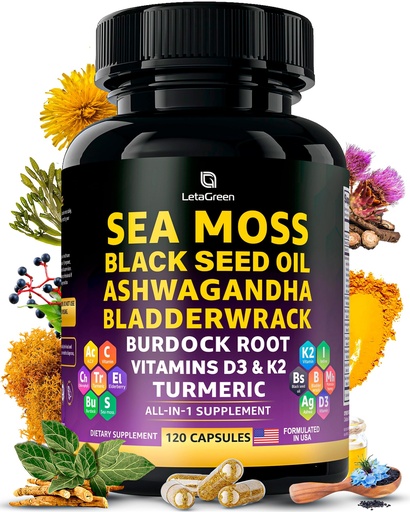 [BRSROEILCUHQYADF] Sea Moss Capsules – 17-in-1 Blend with Black Seed Oil Ashwagandha Bladderwrack Burdock Root Turmeric Vitamin D3 K2 C for Daily Wellness – Multimineral Supplement for Men & Women – 120 Count
