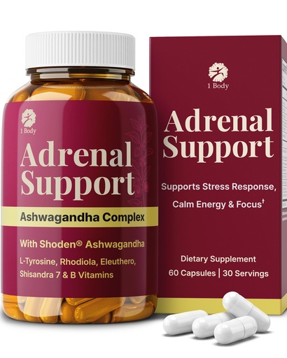 [BRSWKYLYAYGQ4ET6] 1 Body Adrenal Support Supplement – Ashwagandha Adrenal Complex for Stress, Energy & Mood – Adaptogens with Rhodiola, Eleuthero & B Vitamins – Adrenal Fatigue Support – 60 Vegan Capsules