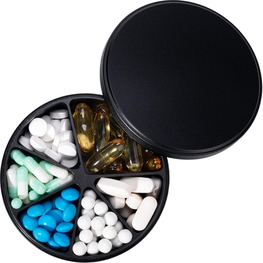 [BRSRAGILAB5WMYL6] Pořadatel pilulek s 6 Compartments - Heavy Duty Metal Daily Pill Case, Velký Držák na plotýnky, Vodotěsný medikace Disponition Pill Box pro vitamin Supplement Medicine Fish Oils, 0.38lb, Black