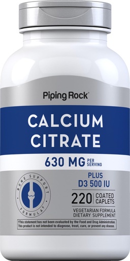 [BRSRMAQTPMHGKHIZ] Piping Rock Calcium Citrate with Vitamin D3 | 630 mg | 220 Caplets | Supplement for Women and Men | Vegetarian, Non-GMO, Gluten Free