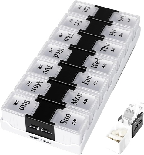 [BRSRMZQ3DJ7A4FYZ] MERICARGO Weekly Pill Organizator 2 ori pe zi, Easy Open Travel Pill Box, Am Pm Pill Organizator 7 Ziua pentru Medicina, Vitamine, Uleiuri de pește și suplimente