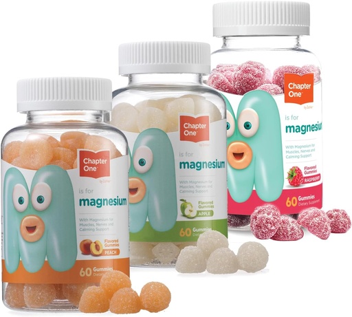 [BRSROAINDIAWEAL6] Kapitel 1 Magnesium gummier for børn og voksne - naturlige rolig gummier - rolig Magnesium citrat - Knogler og muskelfunktion Kosher, (Multi Pack) 3 Flaver.