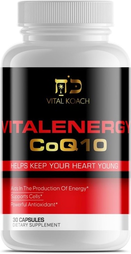 [BRSRA236B4GRQ2A7] Vitalenergy CoQ10 Ubiquinone 200mg, 30 Capsules, Supports Cardiovascular Health, Cellular Energy Production, and Antioxidant, White/Red/Black