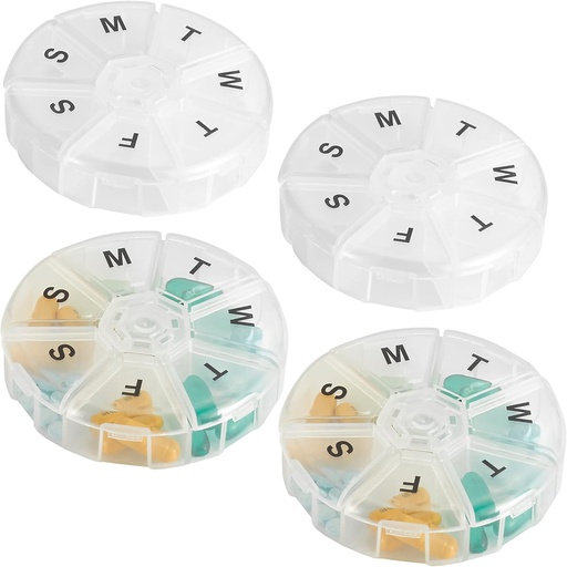 [BRSWYZQ6CAHBSH3G] Big Weekly Pill Organizer - (Pack of 4) Daily Pill Cases, Round Pill Organizer 7 Day Container, Medicine Planner, Pill Reminder, BPA- Free for Pills Vitamin, Suplementy i Oleje rybne