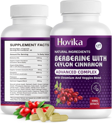 [BRSROAY2AUJQAE3G] Berberine HCL Capsules 1200 mg - Berberine Supplement with Ceylon Cinnamon, Chromium, Veggies Blend - Supports Metabolism and Immune System, Gut Health - 120 ct Easy to Swallow Vegan Pills