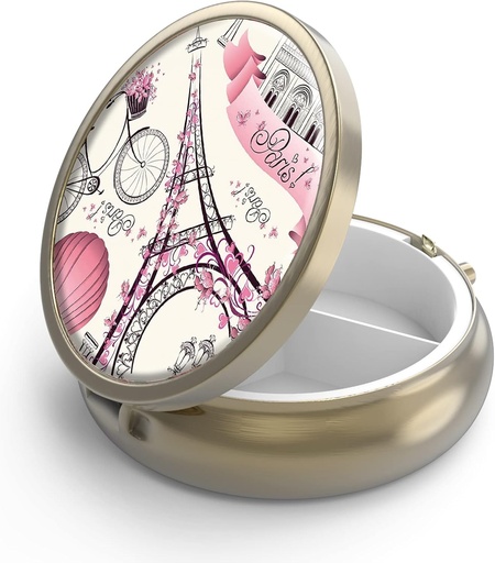 [BRSRMYYNB4MRGHLP] Pil Case Pill Box z lusterko Retro 3 Cometude Small Pill Case for Purse or Pocket Bronze Small Roud Pill Box lub Vitamin, Olej rybny, Suplementy, Pill Containe Podróże prezenty Paris Eiffel Tower
