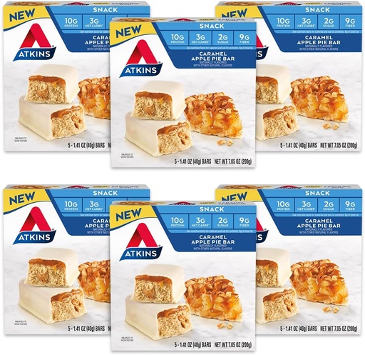 [BRSRMZYEOZ4GECT2] Atkins Snack Bar, Caramel Apple Pie, Naturally Flavored, Good Source of Protein and Fiber, Low Carb, Low Sugar (30 Bars)