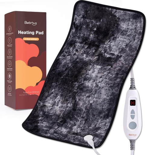 [BRSROAAYCQFRUGQ2] Bearhug XXL Electric Heated Pad 17''x33'' Double-Sided Faux Fur Heating Pad, 6 Heat Levels, 2-Hour Auto-Off, Moist & Dry Heat Therapy for Back Pain Relief, Machine Washable, ETL Certified - Gift Box