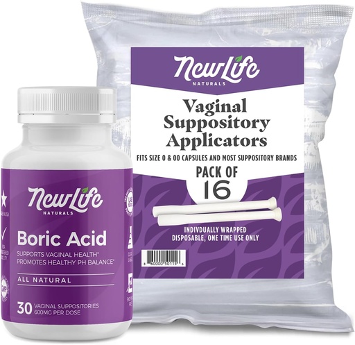 [BRSWGBI2CAFQYEYZ] NewLife Naturals Boric Acid Vaginal Suppositories 600mg (30 Pack) with 16 Applicators - for pH Balance, Feminine Health and Intimate Wellness - Made in USA