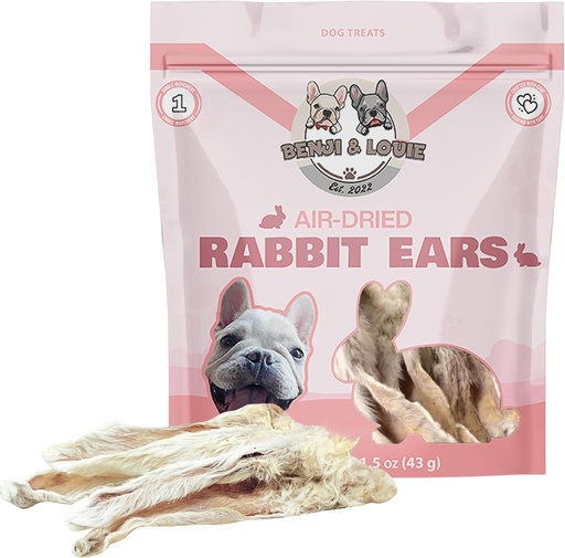 [BRSRA2YCCIPWOCLJ] Benji & Louie Air Dried Whole Rabbit Ears with Fur - Natural Healthy Dog Treats or Dog Chews, Single Ingredient, 1.5 oz, 4 to 6 Count