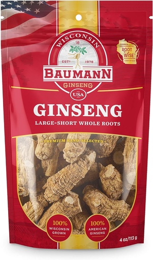 [BRSWY2T4ORYWYCTZ] Baumann Wisconsin Ginseng Whole Roots - Large Short (4 oz.) - 100% Natural Wisconsin Grown Panax Ginseng Herb - Pure Dried American Ginseng with Antioxidant Ginsenosides for Enhanced Focus & Energy