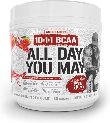[BRSW22YHCQJWCAYU] 5% Nutrición Rich Piana AllDayYouMay BCAA Powder ← Premium Intra " Post Workout Amino Acids, EAA, Electrolytes ANTE Hydration, Endurance, Recovery TEN Vegan " Keto TEN 16.9 oz, 30 Srvgs (Watermelon)