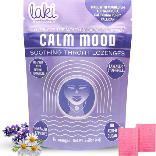 [BRSRMFITBYGWG3D3] Laki Naturals Lavender Rumomile Calm Mood Functional Herbal Lozenges (14ct) Throat & Calming Hard Candies with Magnez, Ashwagandha, California Poppy & Valerian. Wegan, Cukier wolny, Gluten wolny