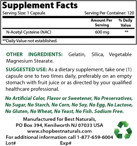 [BRSRMBALCR5A4YA2] Mejores Naturales NAC 600 mg &amp; Magnesium Glycinate 425 mg