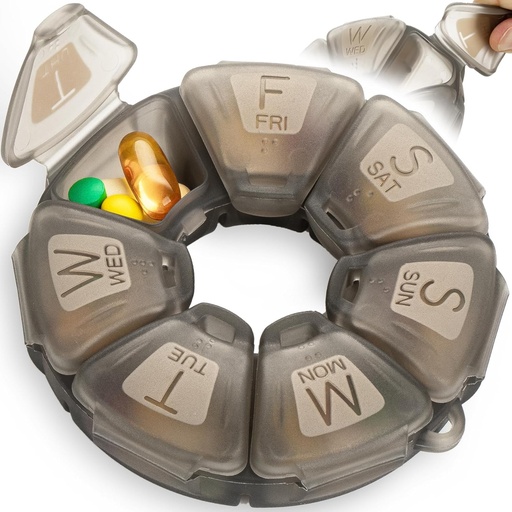 [BRSRMFL6DIMRSFL3] Round Weekly Pill Organizer, TPU Rubberized, Travel Pill Container 7 Day, with 7 Large Compartments, Great for Daily Vitamins & Supplements, Cute Pill Case with Large Letters and Braille (Grey)