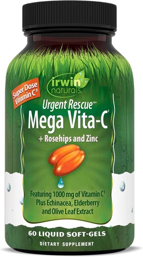 [BRSRMCA6AAOQM2T2] Irwin Naturals Rescate Urgente Mega Vita-C - 60 Softgel líquido - 1.000 mg de Vitamina C - Suplemento de Apoyo Inmunitario con Rosehips y Zinc