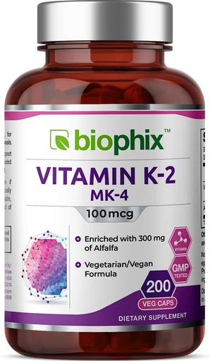 [BRSWIHL4AENBW3AV] biophix Vitamin K2 MK-4-100 mcg 200 Caps with Alfalfa - Supports Strong Bones Immune Health