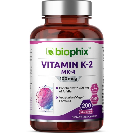 [BRSWIHL4AENBW3AV] biophix Vitamin K2 MK-4-100 mcg 200 Caps with Alfalfa - Supports Strong Bones Immune Health
