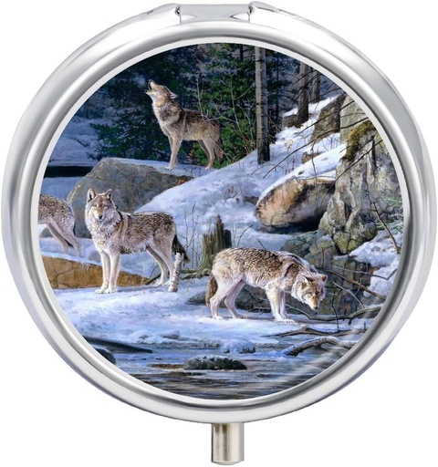 [BRSRO2TYOAJRUFA6] Small Travel Pill Case, Round Metal Pill Box pre vreckové Purse, 3 oddelenie Prenosné Pill Holder, Mini Pill Organizátor pre cestovanie alebo denne - Wolf