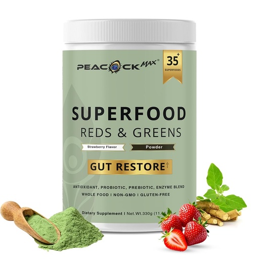 [BRSWYHATOYIAICLG] Superfood Reds & Greens Powder - 11.64 oz, Prebiotics & Probiotics for Digestive Health, Super Greens Powder with Ashwagandha for Gut Health, Immunity, Antioxidants, Strawberry Flavor, Vegan, Non-GMO