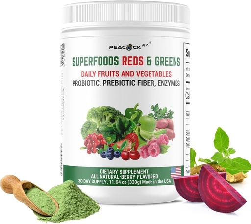 [BRSWYHATOYIAICLG] Superfood Reds & Greens Powder - 11.64 oz, Prebiotics & Probiotics for Digestive Health, Super Greens Powder with Ashwagandha for Gut Health, Immunity, Antioxidants, Vegan, Non-GMO