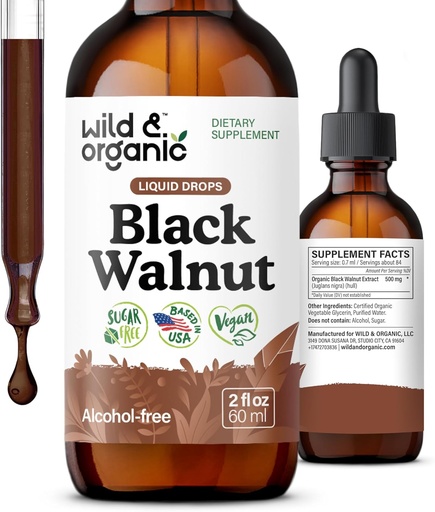 [BRSROY37BN5AA3DA] Wild & Organic Black Walnut Tincture - Cleanse Detox with Black Walnut Hull Extract - Herbal Supplement for Gut Detox Cleanse and Digestive Well-Being - Vegan, Sugar & Alcohol-Free - 2 fl oz