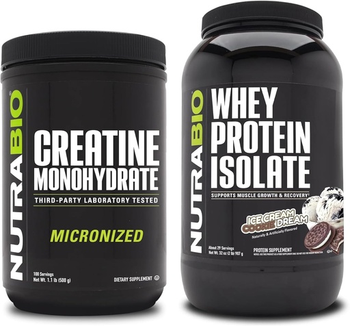[BRSRAZ34BZ5WYETO] NutraBio Creatine Monohydrate, Unflavored, 500g and Whey Protein Isolate, Ice Cream Cookie Dream, Supplement Bundle - Muscle Energy, Lean Muscle Growth, Recovery, and Strength