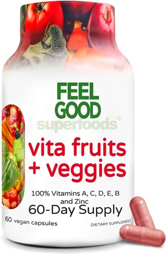 [BRSWGGAEBYFRYG3F] FeelGood Superfoods Vita Fruits and Veggies Capsules - 25 Superfood Ingredients, Fruit and Vegetable Multivitamin, 60 Count - For men and women - Vitamins A, C, D, E, B and Zinc