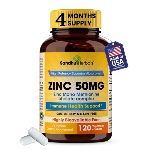 [BRSWYZL3B4ORECIU] Zinc 50mg Capsules for Men and Women, 120 Count | Highly Absorbable Zinc Supplements for Immune System Support | Zink 50 mg Mono Methionine Chelated Complex |Helps with Skin Health & Overall Immunity