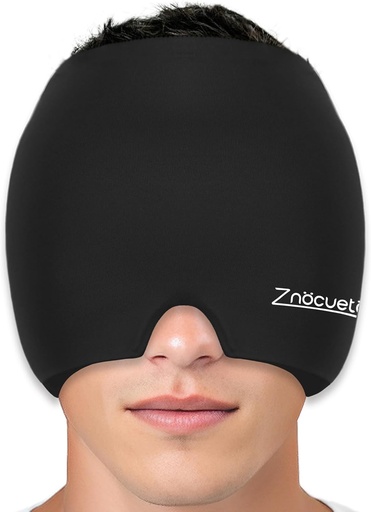 [BRSROCYTCMHRGYDA] ZNÖCUETÖD Migraine Headache Relief Cap Hat Full Head Ice Pack Wrap Cooling Gel Ice Beanie Hot/Cold Compression Cap for Sinus, Stress, Hangover Headache Pain Relief - Reusable Men Women, Black, Size M
