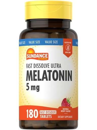 [BRSWICAPBQNBMFDG] Sundance Melatonin 5mg Tablets | 180 Vegetarian Count | Fast Dissolve | Natural Berry Flavor | Vegetarian, Non-GMO and Gluten Free Supplement