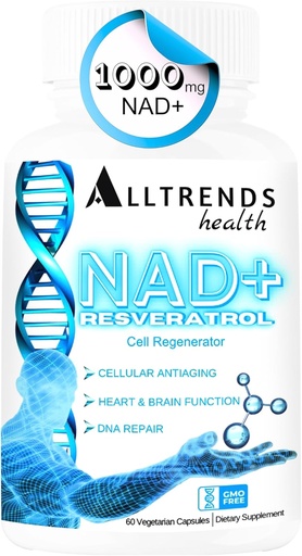 [BRSRA2YTAUCWKFD6] ALLTRENDS Health NAD Supplement 1000mg |Resveratrol 500mg |TMG Trimethylglycine 500mg |Vitamins for Cell Regeneration, Heart & brain Function, DNA Repair, Longevity, Energy & Oxidative Stress | 60Caps