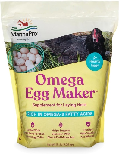 [BRSWIZL4OR4BWHLE] Manna Pro Omega Egg Maker, Chicken Feed Supplement for Laying Hens, Poultry Food with Omega-3 Fatty Acids, Digestion Support with Fortified Vitamins & Minerals, 5 lbs