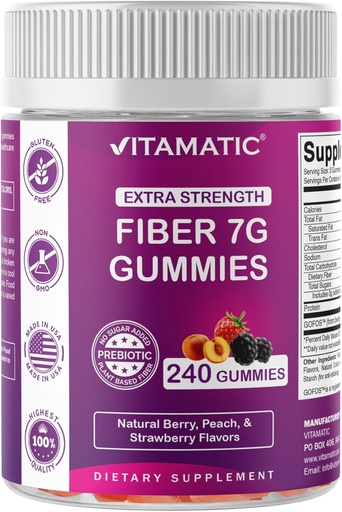 [BRSRAZAPC4MBMD3Z] Vitamatic Prebiotic Fiber Gummies for Adults, 7G Extra Strength, Zero Sugar Added, 240 Pectin Based Gummies, Digestive Health & Regularity Support