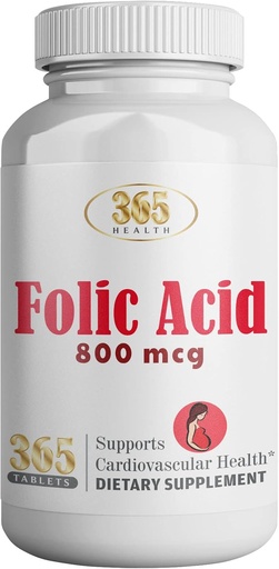 [BRSW2ALRAB5G233D] 365 Health Folic Acid 800mcg (0.8mg) Vitamin B9-365 Tablets I Supports Cardiovascular, Essential Prenatal & Postnatal Vitamin, Non-GMO and Vegan
