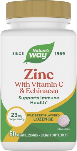[BRSWIYT3O4GWOCTG] Dabas ceļš Cinka Lozenges ar vitamīnu C & Echinacea, cinka papildinājumi vīriešiem un sievietēm, imūnsupport*, Wild Berry Flavor, 60 Lozenges (iepakojums May Vary)